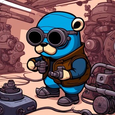 Cyberpunk go blue gopher is comically trying to fix an engine.