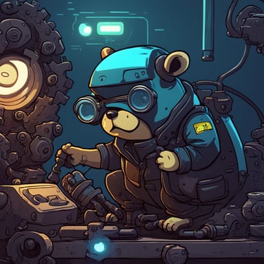 Cyberpunk go blue gopher is comically trying to fix an engine.