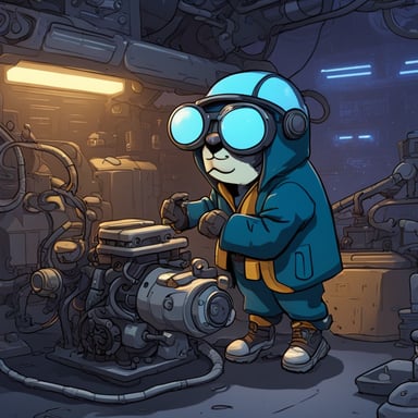 Cyberpunk go blue gopher is comically trying to fix an engine.