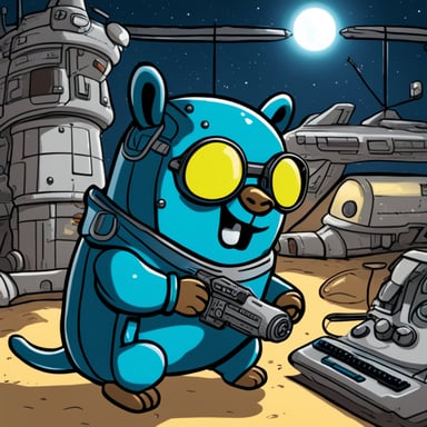 Cyberpunk Go Blue Gopher is comically trying to fix a space shuttle.