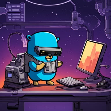 Cyberpunk Go Blue Gopher is comically trying to fix a space shuttle.