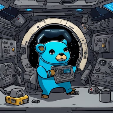 Cyberpunk Go Blue Gopher is comically trying to fix a space shuttle.