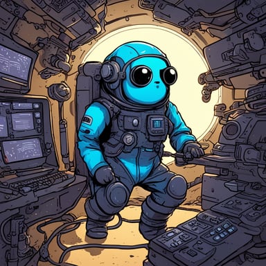 Cyberpunk Go Blue Gopher in space fixing a space shuttle.