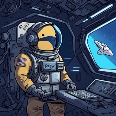 Cyberpunk Go Blue Gopher in space fixing a space shuttle.