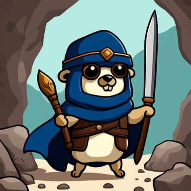 Go blue gopher as an ancient warrior with a sword and a coat.