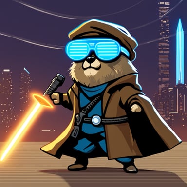 Go Blue Gopher as a crypto Jedi cyberpunk strikes an epic posture.