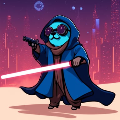 Go Blue Gopher as a crypto Jedi cyberpunk strikes an epic posture.