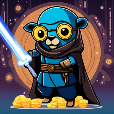 Go Blue Gopher as a crypto Jedi cyberpunk holding bitcoins using the force.