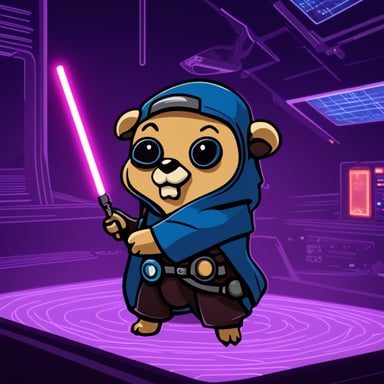 Go Blue Gopher as a crypto Jedi cyberpunk holding bitcoins using the force.
