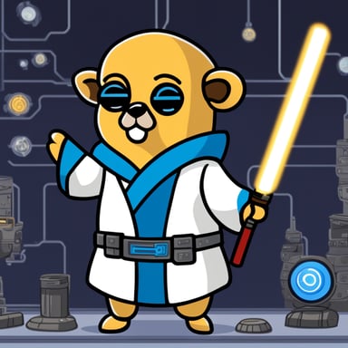 Go Blue Gopher as a crypto Jedi cyberpunk holding bitcoins using the force.