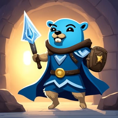 Go Blue Gopher, the ancient warrior, wields a magic sword and shield.