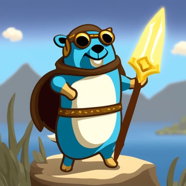Go Blue Gopher, the ancient warrior, wields a magic sword and shield.