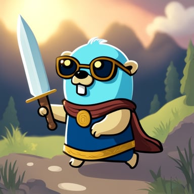 Go Blue Gopher, the ancient warrior, wields a magic sword and shield.