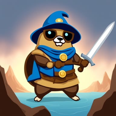 Go Blue Gopher, the ancient warrior, wields a magic sword and shield.