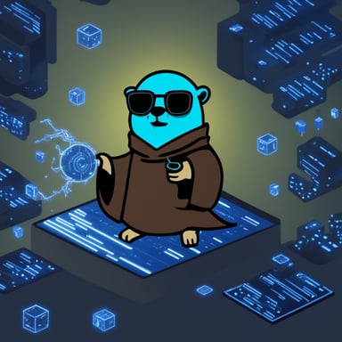 Go Blue Gopher as a Jedi cyberpunk surrounded by the matrix source code.
