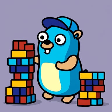 Go Blue Gopher, dressed as a kid, plays with bricks painted with matrix symbols.