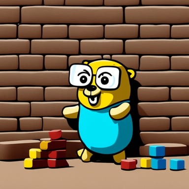 Go Blue Gopher, dressed as a kid, plays with bricks painted with matrix symbols.