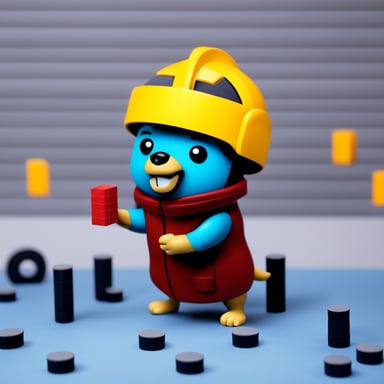 Go Blue Gopher, dressed as a kid, plays with bricks painted with matrix symbols.