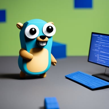 Go Blue Gopher, dressed as a kid, plays with bricks made of source code.