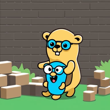 Go Blue Gopher, dressed as a kid, plays with bricks made of source code.