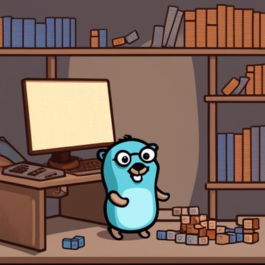 Go Blue Gopher, dressed as a kid, plays with bricks made of source code.