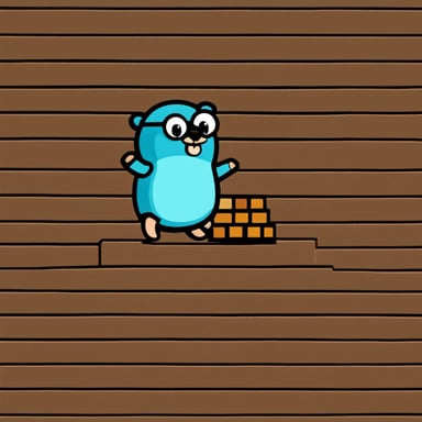 Go Blue Gopher, dressed as a kid, plays with bricks made of source code.