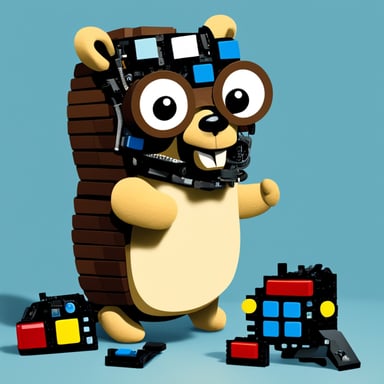 Go Blue Gopher, dressed as a kid, plays with bricks made of computer parts.