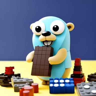 Go Blue Gopher, dressed as a kid, plays with bricks made of computer parts.