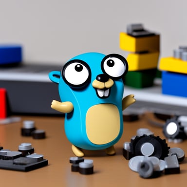 Go Blue Gopher, dressed as a kid, plays with bricks made of computer parts.