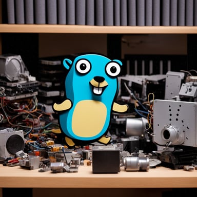Go Blue Gopher, dressed as a kid, plays with bricks made of computer parts.