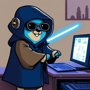 Go Blue Gopher as a Jedi cyberpunk, cutting a computer in half.
