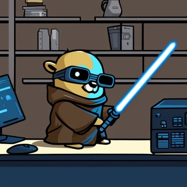 Go Blue Gopher as a Jedi cyberpunk, cutting a computer in half.