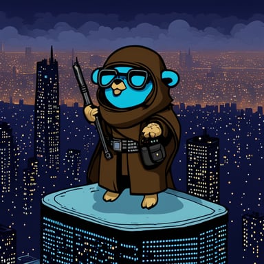 Go Blue Gopher as a Jedi Cyberpunk on top of the tallest building of the city.