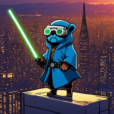 Go Blue Gopher as a Jedi Cyberpunk on top of the tallest building of the city.