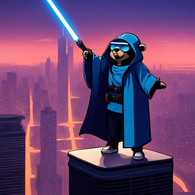 Go Blue Gopher as a Jedi Cyberpunk on top of the tallest building of the city.