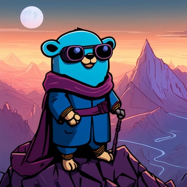 Go Blue Gopher as a Jedi Cyberpunk sits atop the tallest mountain, computer in lap, surveying the digital landscape below.