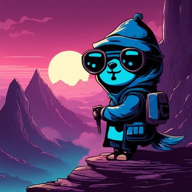 Go Blue Gopher as a Jedi Cyberpunk sits atop the tallest mountain, computer in lap, surveying the digital landscape below.