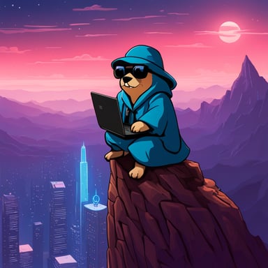 Go Blue Gopher as a Jedi Cyberpunk sits atop the tallest mountain, computer in lap, surveying the digital landscape below.