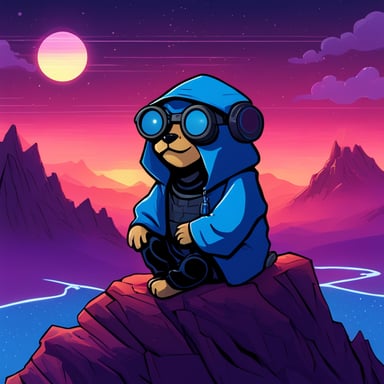 Go Blue Gopher as a Jedi Cyberpunk sits atop the tallest mountain, computer in lap, surveying the digital landscape below.