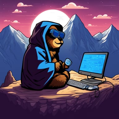 Go Blue Gopher, as a Jedi Cyberpunk, sits atop the tallest mountain, computer in lap, surveying the digital landscape below filled with the appearance of crypto money.