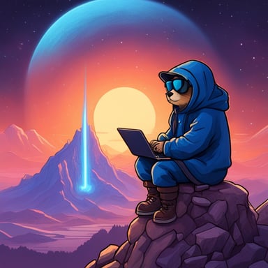 Go Blue Gopher, as a Jedi Cyberpunk, sits atop the tallest mountain, computer in lap, surveying the digital landscape below filled with the appearance of crypto money.