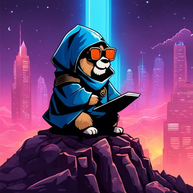 Go Blue Gopher, as a Jedi Cyberpunk, sits atop the tallest mountain, computer in lap, surveying the digital landscape below filled with the appearance of crypto money.