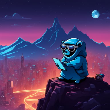 Go Blue Gopher, as a Jedi Cyberpunk, sits atop the tallest mountain, computer in lap, surveying the digital landscape below filled with the appearance of crypto money.