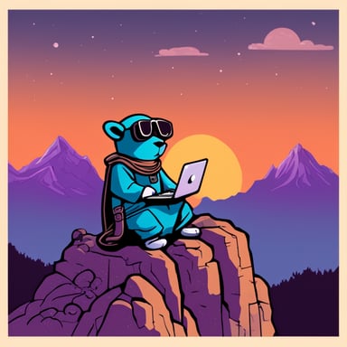 Go Blue Gopher, as a Jedi Cyberpunk, sits atop the tallest mountain, computer in lap, thinking peacefully.