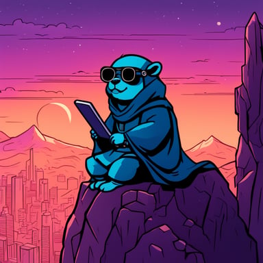 Go Blue Gopher, as a Jedi Cyberpunk, sits atop the tallest mountain, computer in lap, thinking peacefully.