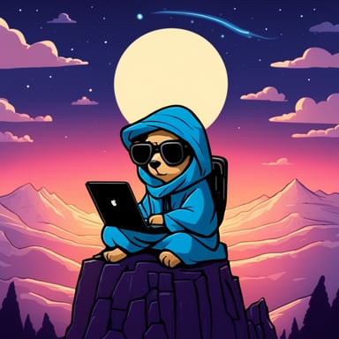 Go Blue Gopher, as a Jedi Cyberpunk, sits atop the tallest mountain, computer in lap, thinking peacefully.
