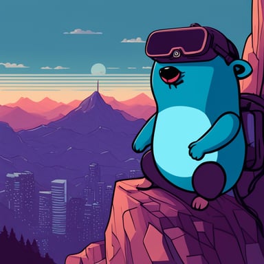 Cyberpunk Go Blue Gopher sits atop the tallest mountain, computer in lap, surveying the digital landscape below.