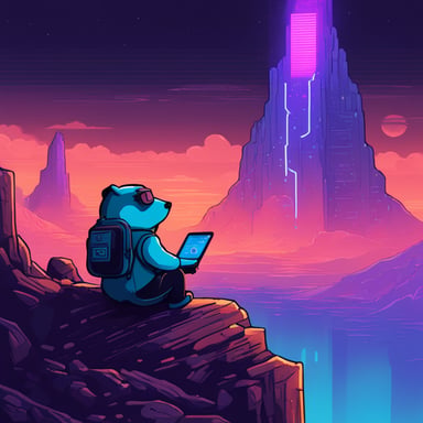 Cyberpunk Go Blue Gopher sits atop the tallest mountain, computer in lap, surveying the digital landscape below.