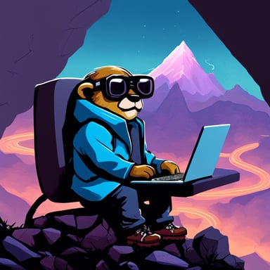 Cyberpunk Go Blue Gopher sits atop the tallest mountain, computer in lap, surveying the digital landscape below.