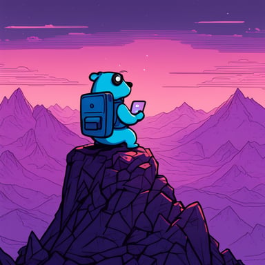 Cyberpunk Go Blue Gopher sits atop the tallest mountain, computer in lap, surveying the digital landscape below.